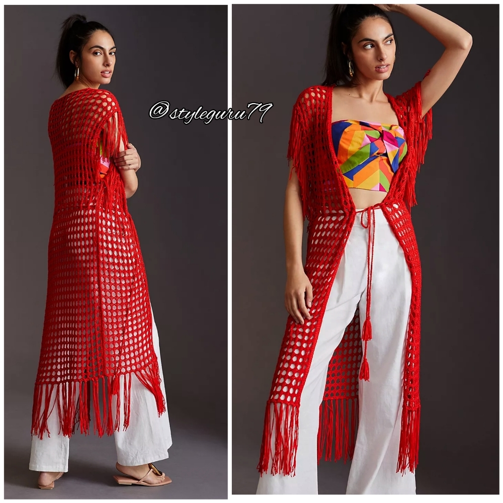 NWT, Anthropologie, Red Knit Fringed Kaftan